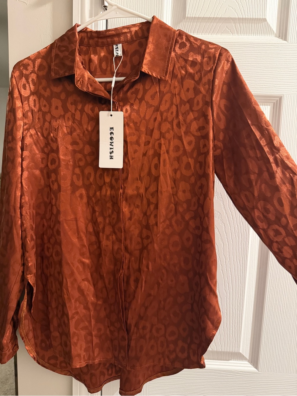 ECO-WISH Rust Satin Animal-Print Button Down Shirt